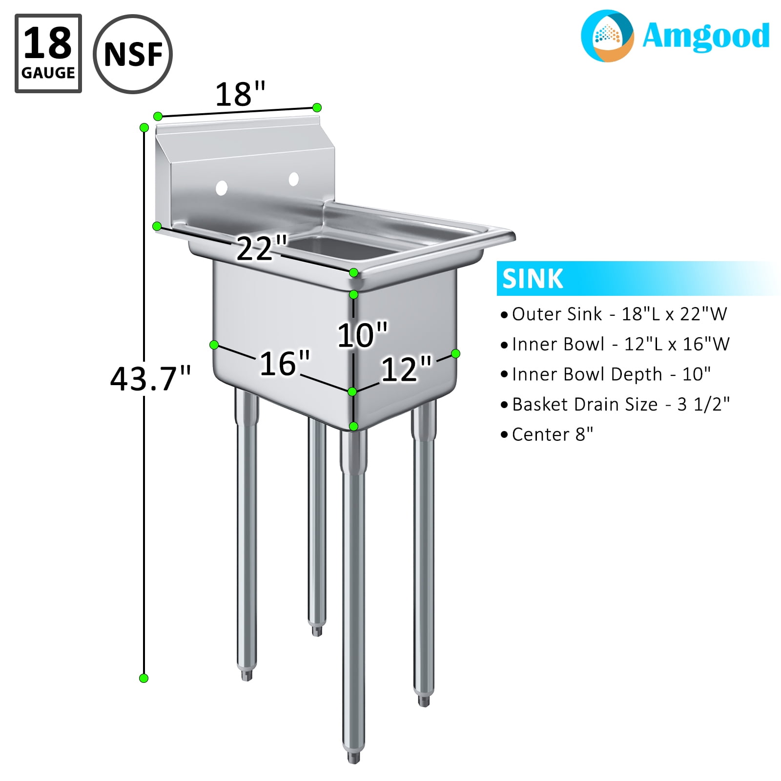 AmGood  22 in. x 18 in. Stainless Steel One Compartment Sink with 12 in. x 16 in. x 10 in. Bowl