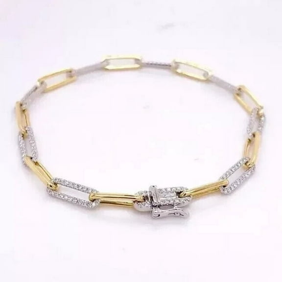 Paperclip Bracelet 3.50Ct Round Cut Natural Moissanite in 14K Two Tone Gold Plated