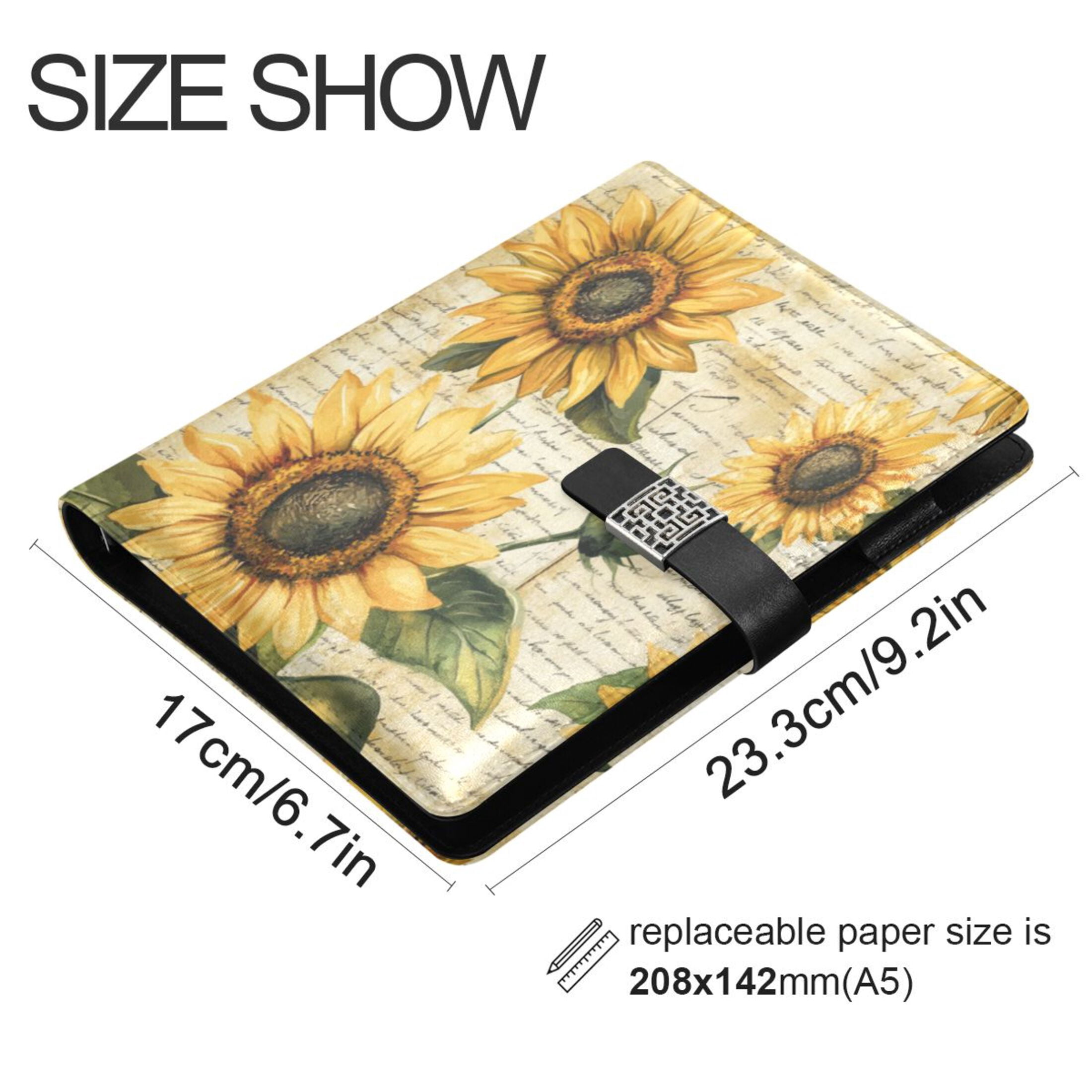 9.2x6.7 inch Leather Notebook 100 Sheets, Multi-Pocket Design & Pen Loop Vintage Sunflowers Refillable Journal Organizer