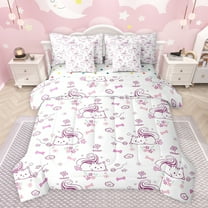Feelyou Cartoon Cat Kitten Twin Bedding Sets 7-Piece, Girly Pink Flower Bedding Comforter Set, Teens Kids Boys Girls Reversible Sheet Sets, Breathable Home Decor