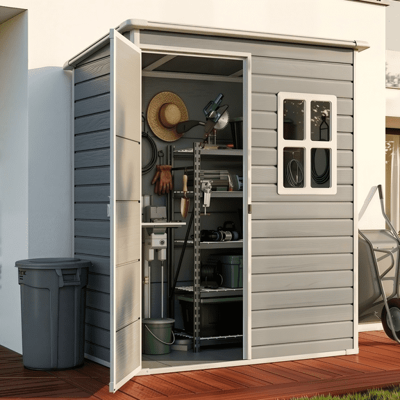Plastic Shed with Floor, 5x3 ft Outdoor Resin Storage Shed for Garden Tools, Waterproof Lockable Door for Backyard, Patio & Lawn, Gray