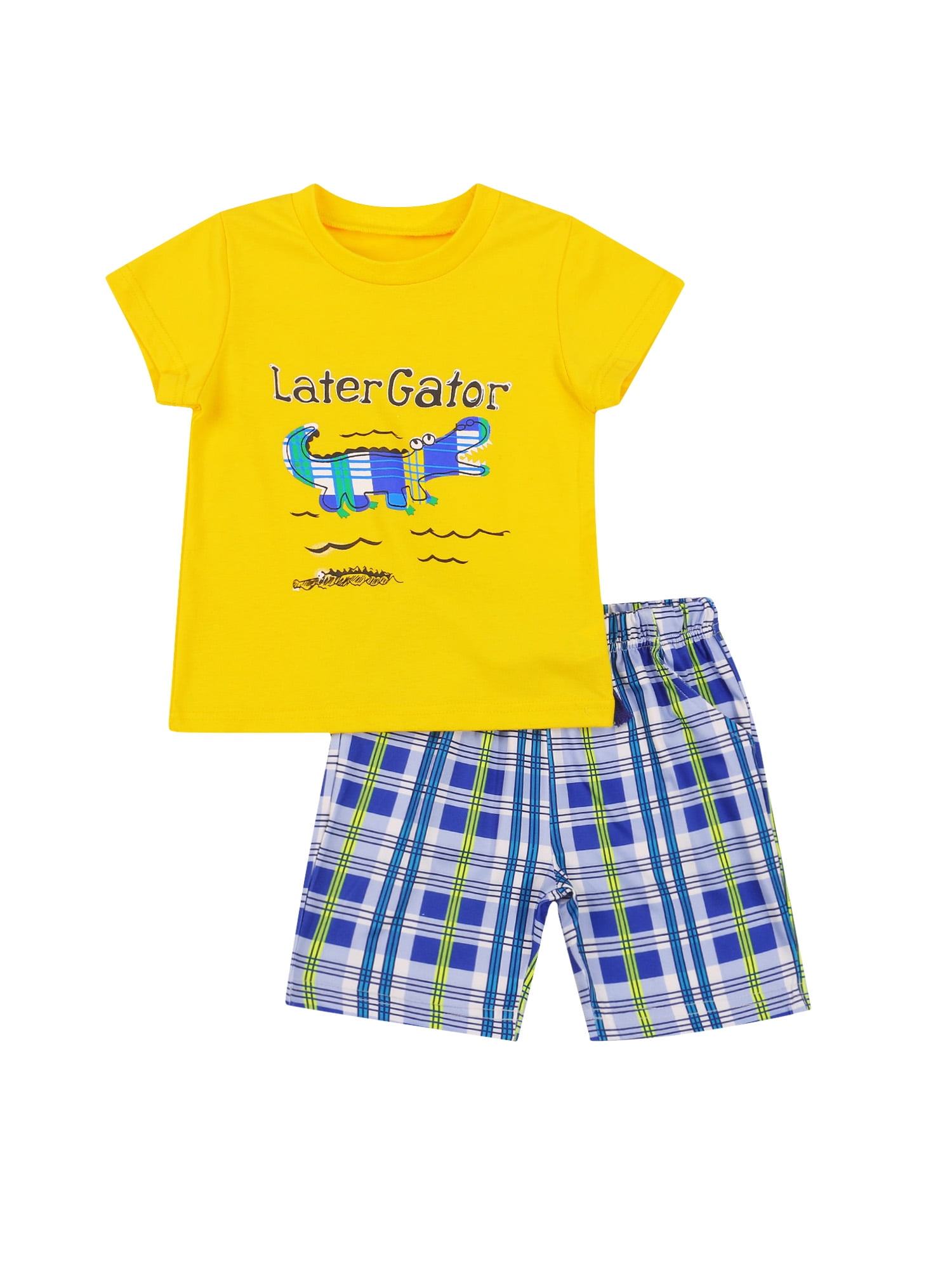 2Pcs Toddler Boys Summer Dinosaur Print T-Shirt Tops+Plaid Shorts Outfits 