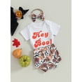 thumbnail image 3 of Cenuakty Baby Girls Shorts Set, Short Sleeve Letters Romper Flower Skull Print Shorts Bow Hairband Halloween Clothes, 3 of 8