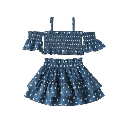 

Musuos Little Girls Polka Dot Print Cold Shoulder Smocked Crop Tops and Tiered Skirt