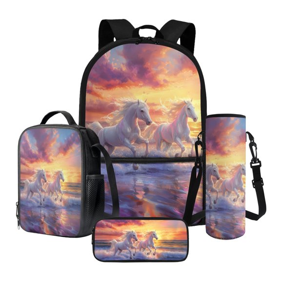 ZUXONGSY Horse Sunset Cloud Print Kids Backpack for Boys Girls Simple School Bag with Lunch Box Bag,Pencil Case and Water Bottle Holder 4 in 1 Backpack Set with Adjustable Padded Straps
