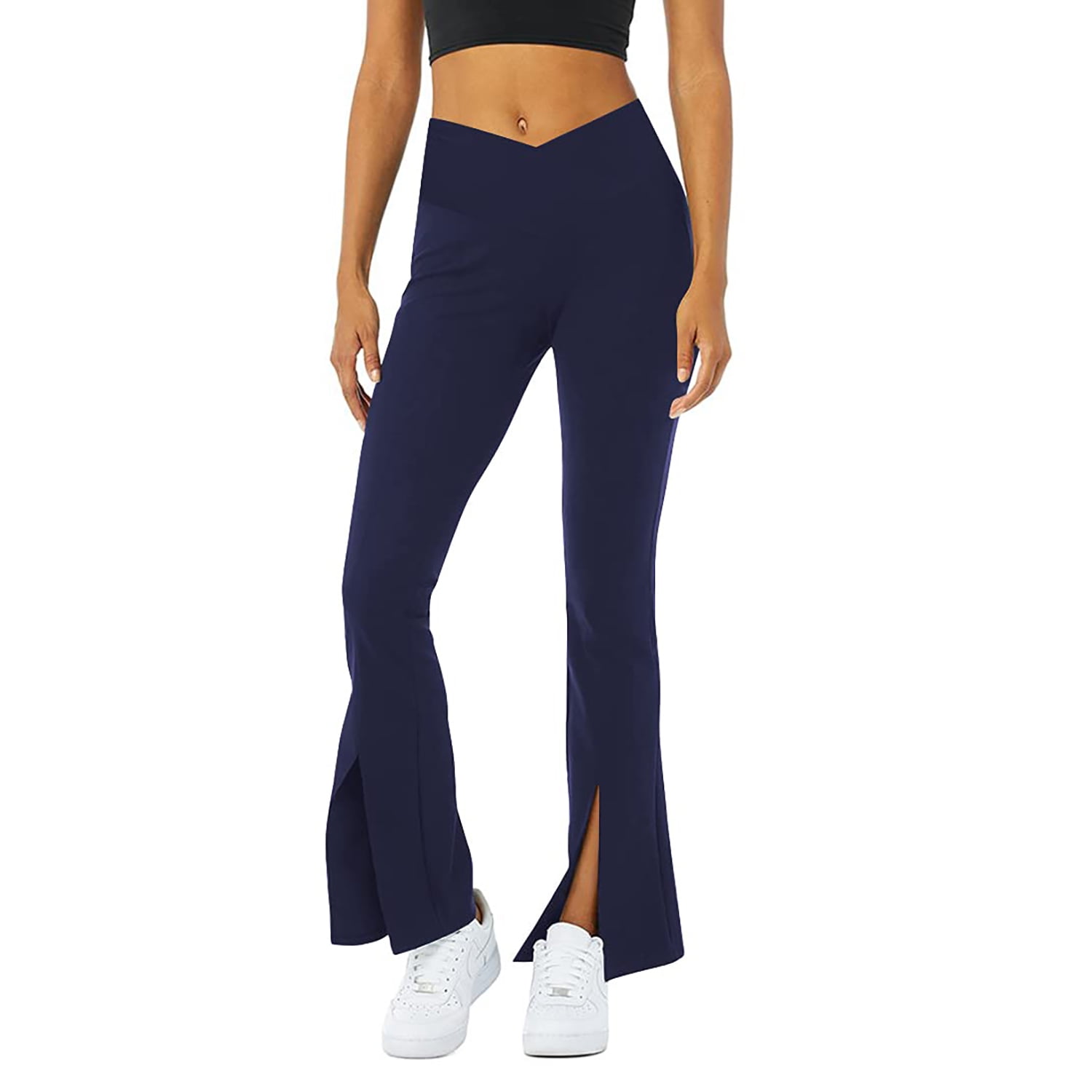 Delou Women's Crossover High Waist Boot Cut Yoga Pants Front Slit