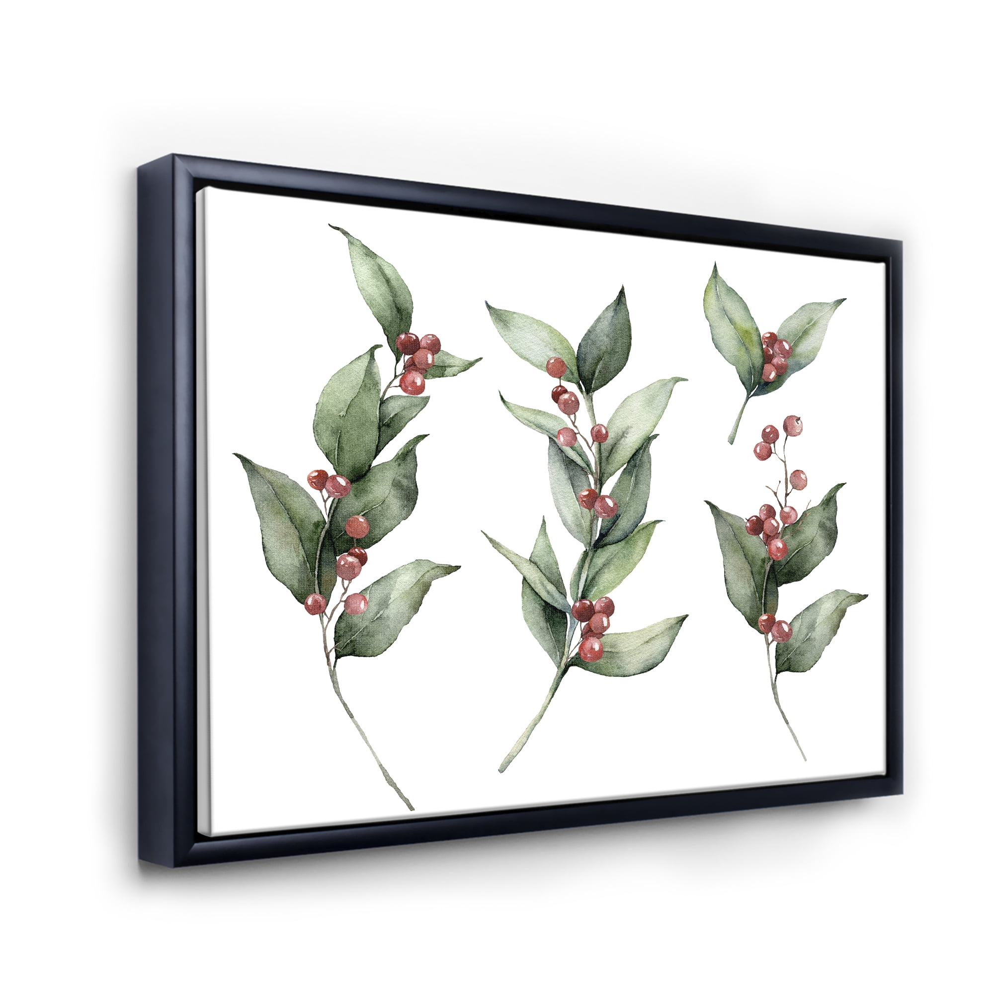 Designart 'Christmas Set Red Berrie With Branches' Traditional Framed Canvas Wall Art Print