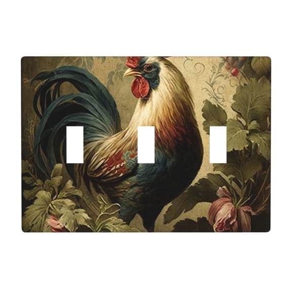 Rooster Vintage Art 3 Gang Light Switch Cover Decorative Triple Toggle Wall Plate for Kitchen Bedroom Bathroom Living Room Decor