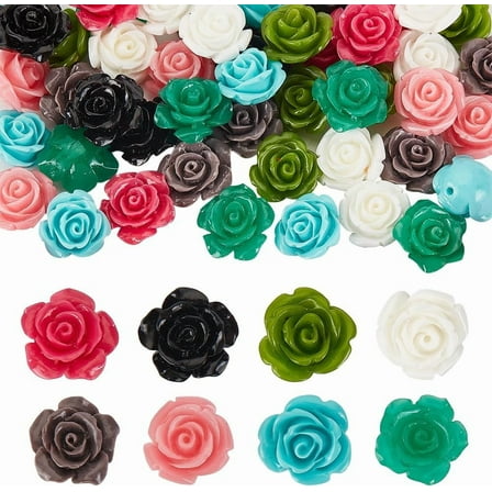 64Pcs 15mm Rose Flower Beads 8 Colors Flower Loose Charm Beads Flat Back Flower Jewelry Bead Embellishments 3D Flower Rose Beads Flatback Cabochons