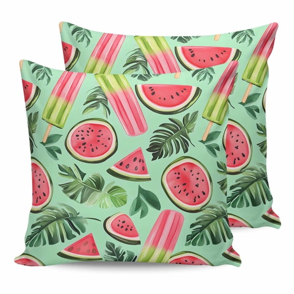 Outdoor Pillow Covers Pack of 2, Summer Watermelon Ice on Green Waterproof Throw Pillowcase Cushion Cases, Watercolor Botanical Decorative Pillow Cover for Couch Sofa Home Bed Patio