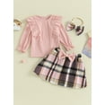 thumbnail image 2 of Bagilaanoe 3Pcs Baby Girls Fall Clothes Long Sleeve Ruffle Ribbed Tops + Plaid Skirt + Headband 6M 12M 18M 24M 3T 4T Kids Casual Skirt Set, 2 of 8