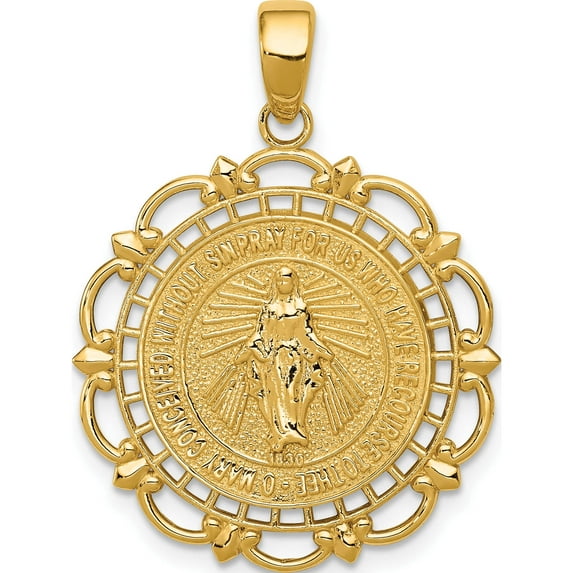 14K Yellow Gold Polished Miraculous Medal With Scallop Frame Pendant (31 X 23) Made In United States k5653
