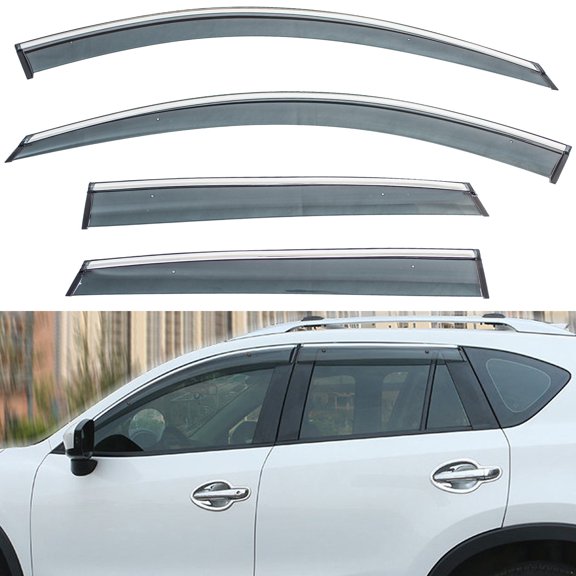 4Pcs Outside Mount Tape On/Clip On Type Smoke Tinted Sun/Rain Guard Vent Window Visors With Chrome Trim Compatible With 2013-2016 CX-5 All Models