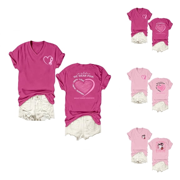 Halloween Cancer Awareness Shirts for Women Short Sleeve V Neck in October We Wear Pink Graphic T Shirt