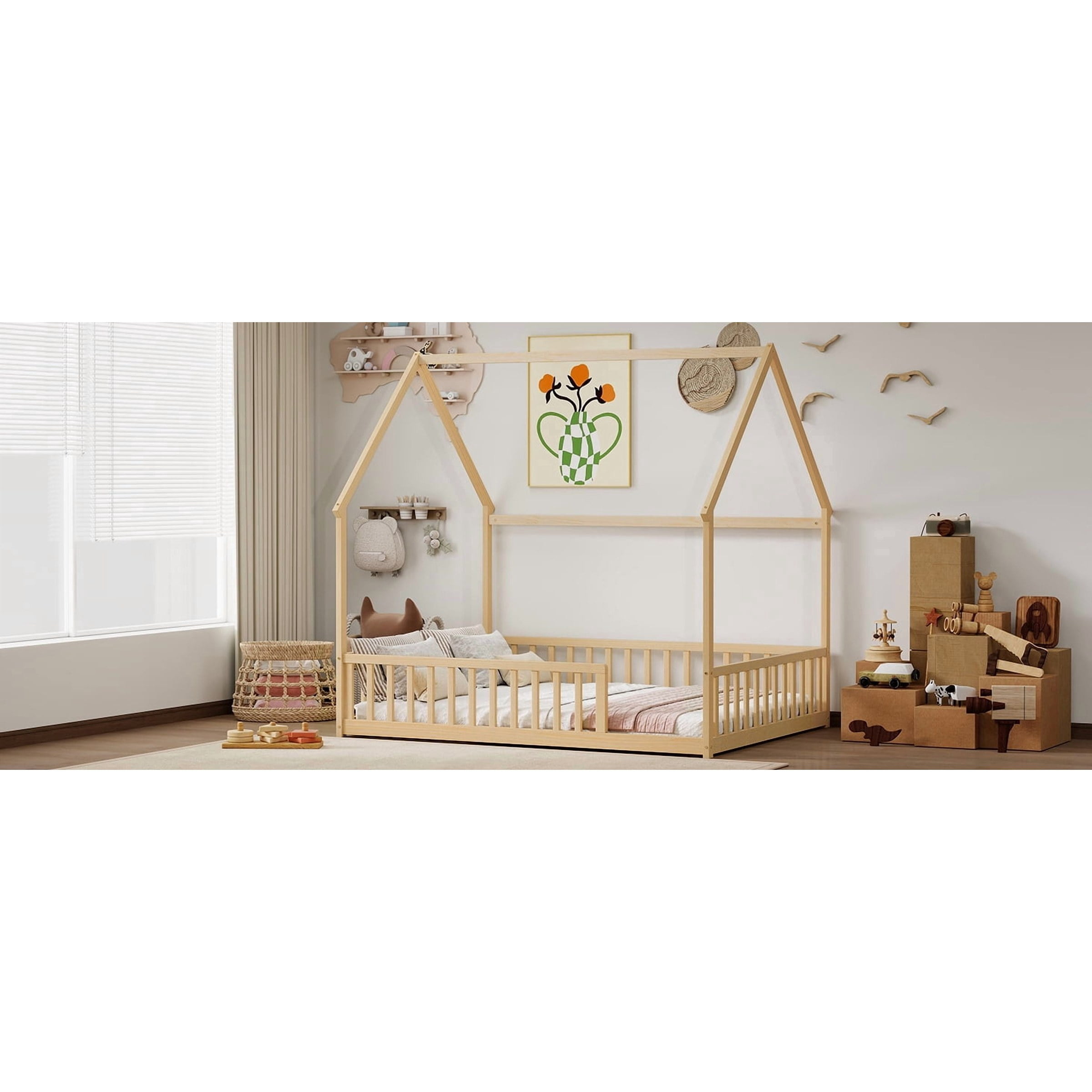 Full Size House Floor Bed with Full Surround Safety Fence, Solid Pine Wood Montessori Kids Playhouse Bed Frame Max 300 LBS No Box Spring Needed for Toddler Bedroom Nursery
