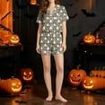 thumbnail image 5 of Halloween Womens Pajamas Set Satin 2 Pcs Cute Ghost Printed Button Up Lounge Sets Short Sleeve Notch Collar Lounge Set Oversized Sleepwear Halloween Party Outfits, 5 of 6