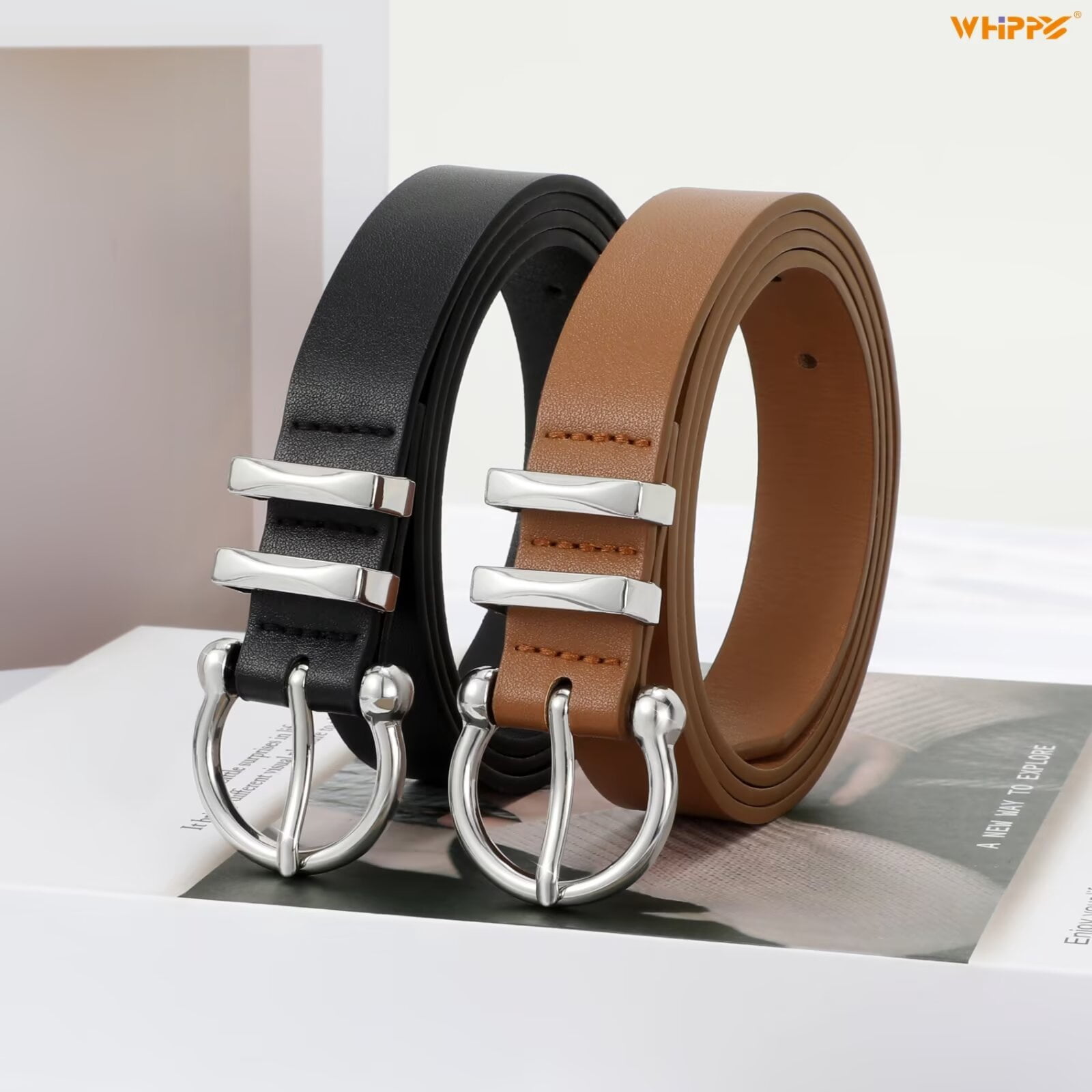 Cintura Donna In Pelle WHIPPY Con Fibbia Quadrata Argento - Marrone C, Taglia XL (vita 42-45 Pollici)