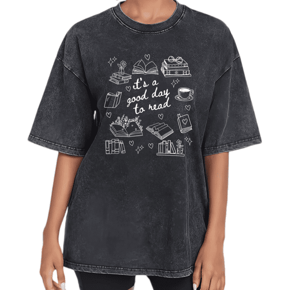 UNISHE Women's It's A Good Day To Read Vintage Washed Graphic Tee Short Sleeve Crewneck Distressed Oversized Casual Book Lover Summer Top