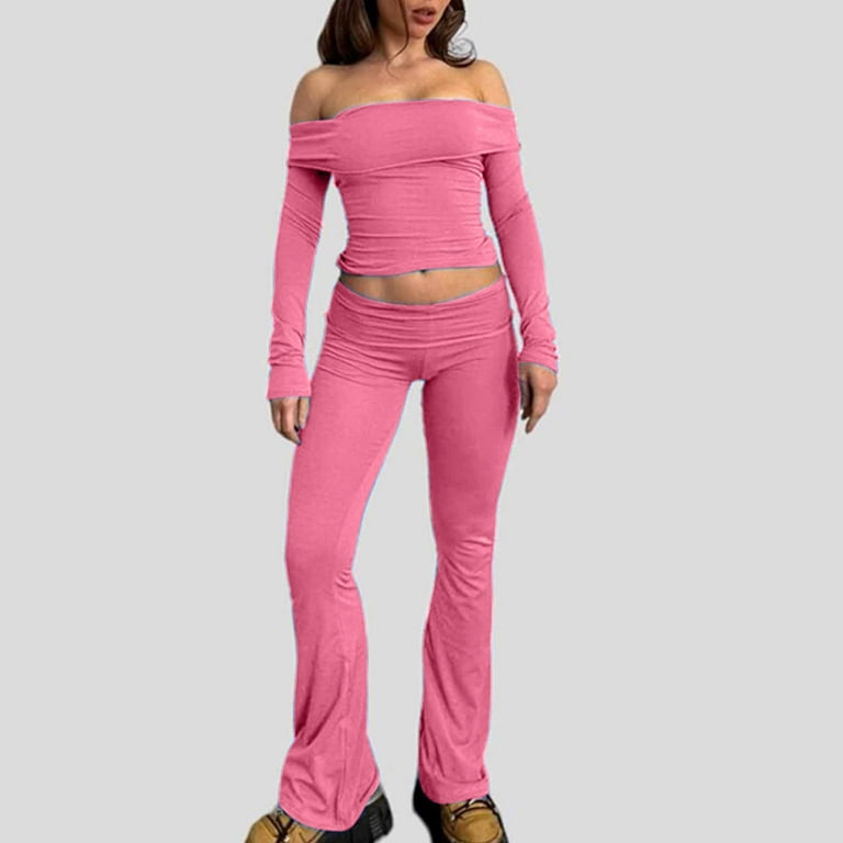 Penkiiy Women s 2 Piece Outfit Off the Shoulder Long Sleeve Crop Top and Flare Leg Pants Set XS Pink