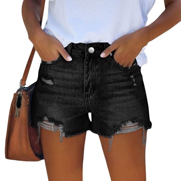 Jean Shorts for Women High Waist Distressed Denim Shorts Classic Casual Vintage Frayed Raw Hem Button Fly Summer Fashion Trendy Loose Fit Jorts with Pockets Black L