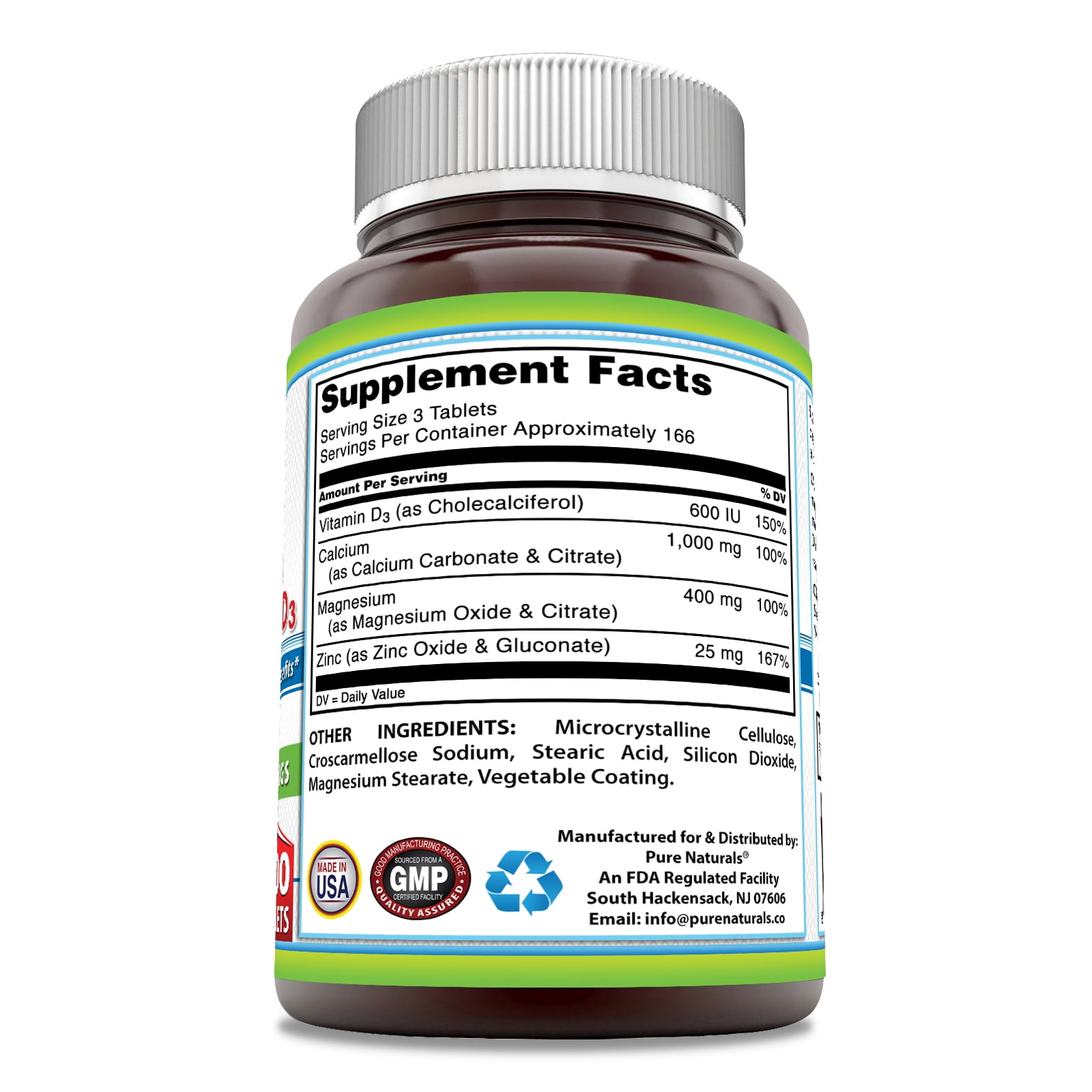 Pure Naturals Amazing Formulas Calcium Magnesium Zinc with Vitamin D3 500 Tablets Supplement | Non-GMO | Gluten Free | Made in USA