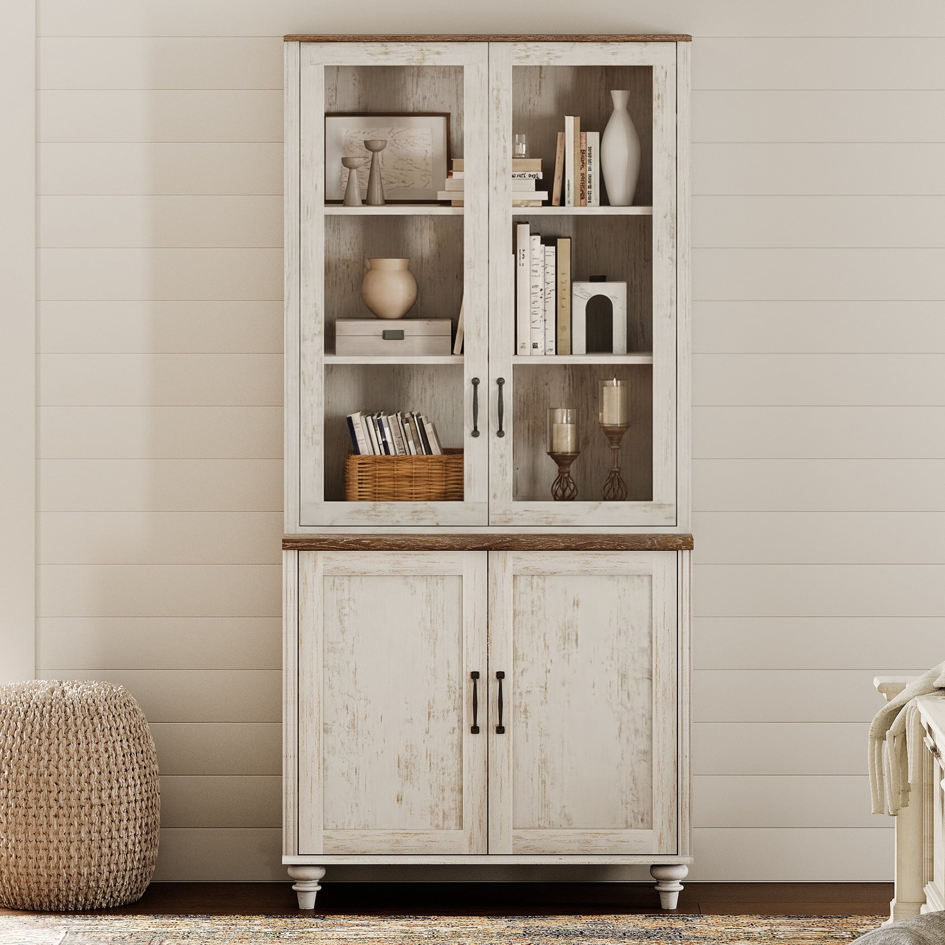 72.1"H × 33.9"W Large Farmhouse Wooden Bookcase with Glass Doors & Shelves, Storage Cabinet Bookcase for Living Room, Bedroom, Home Office & Kitchen, Rustic white