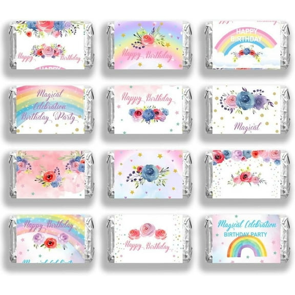 120 Pcs Birthday Candy Bar Wrappers Colorful Happy Birthday Miniature Wrappers Rainbow Flower Chocolates Bar Label Stickers for Birthday Party Decor(No Candy) 3.5x6.6cm Colorful