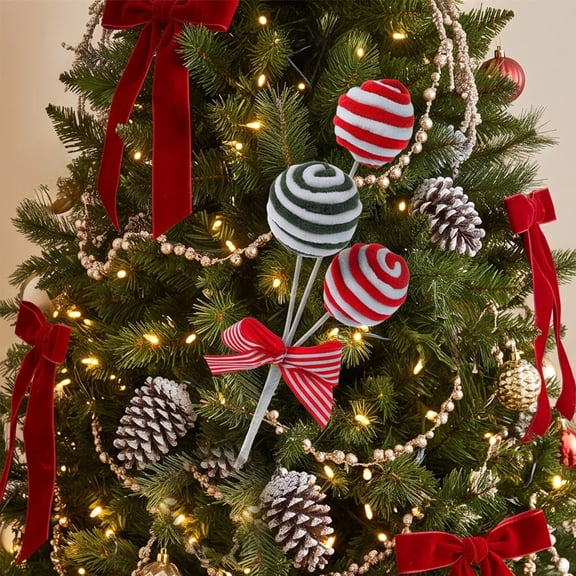 Linnome Christmas Lollipop Pick 3 Heads Red Green White Stripe Candy Cane,Xmas Tree Wreath Garland Holiday Decoration Pick,35cm Candy Ornaments for Christmas Tree Party Table Centerpiece Decor
