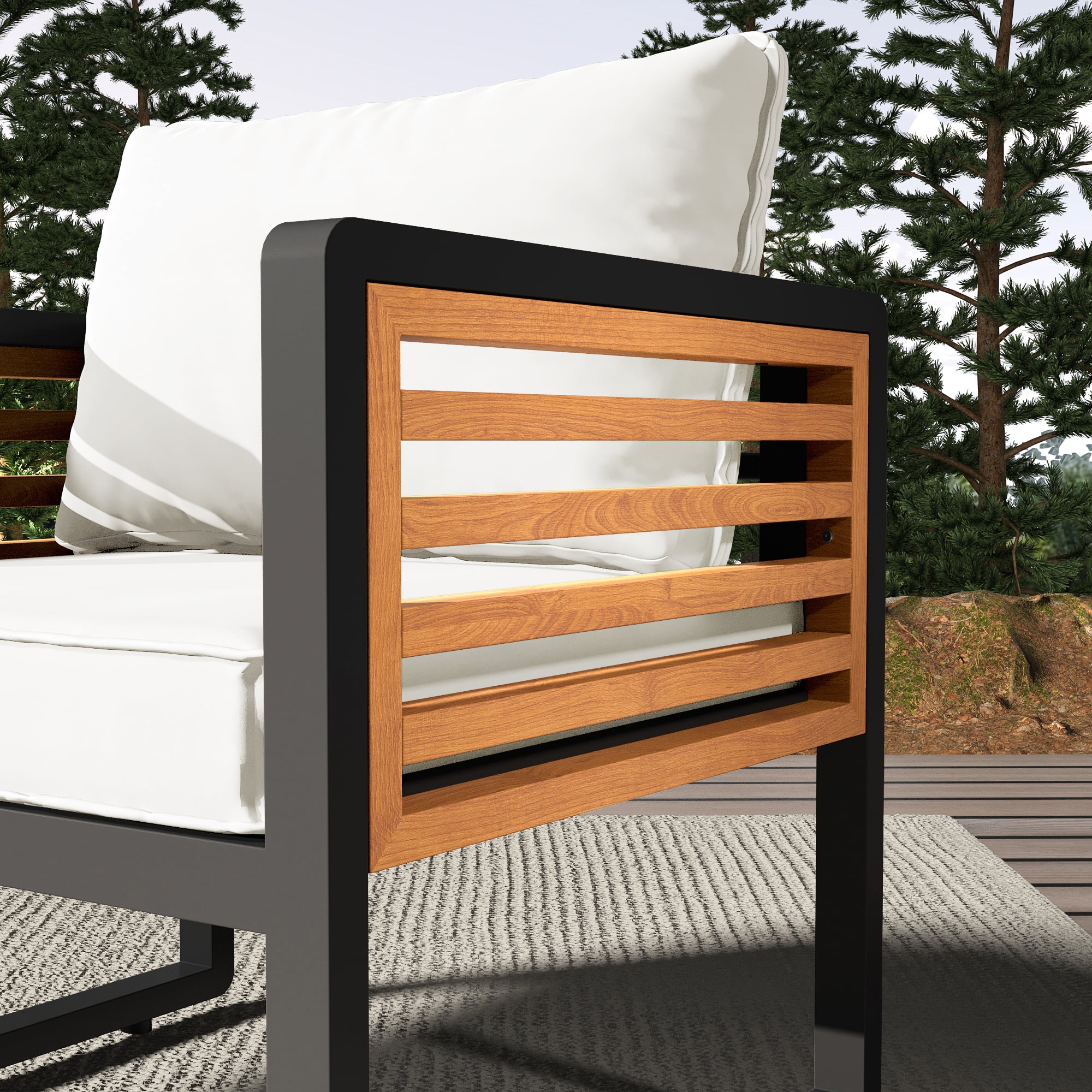 4-Piece Outdoor Furniture Set, Large Metal Patio Conversation Set with Cushion & Acacia Wood Tabletop, Beige