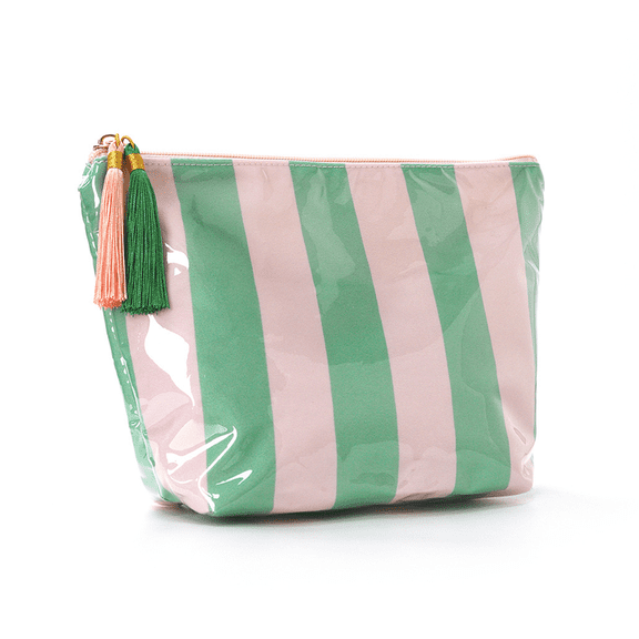 Glossy Green Pink Striped PVC Makeup Organizer, Waterproof Large Capacity Toiletry Storage Pouch with Tassel, Portable Cosmetic Carry Bag for Travel Gym Daily Use (Green)