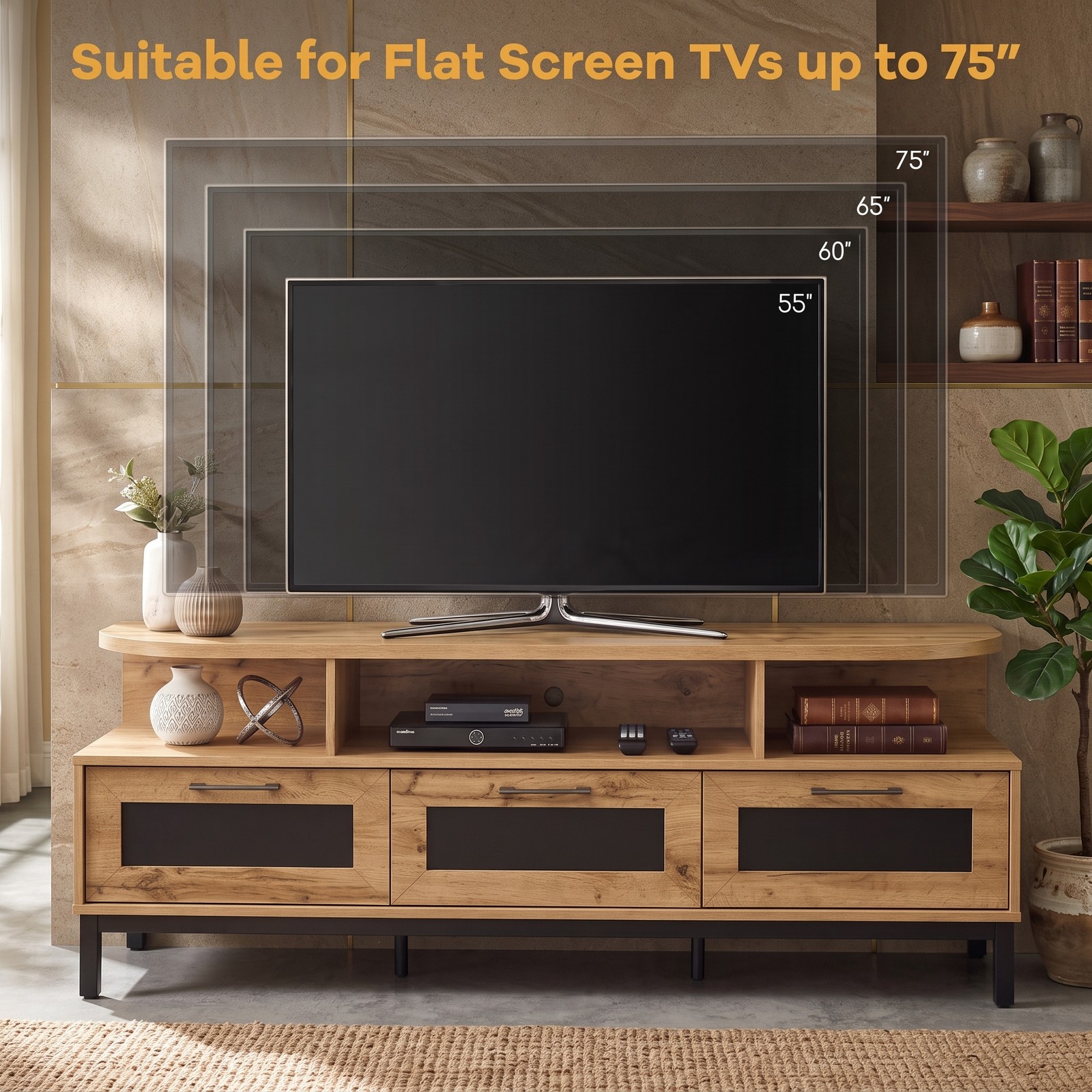 Furnibear Entertainment Center TV Stand for TVs up to 75 Inch, Wood Media Console Table with 3 Storage Drawers and Open Shelves, Living Room Bedroom, Rustic Natural