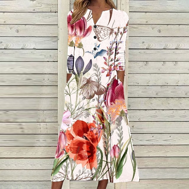 Babysbule Liquidation Robes d'Automne pour Femmes Mode Femmes Décontracté Élégant Col Rond Imprimé Été Manches Longues Poches Robe