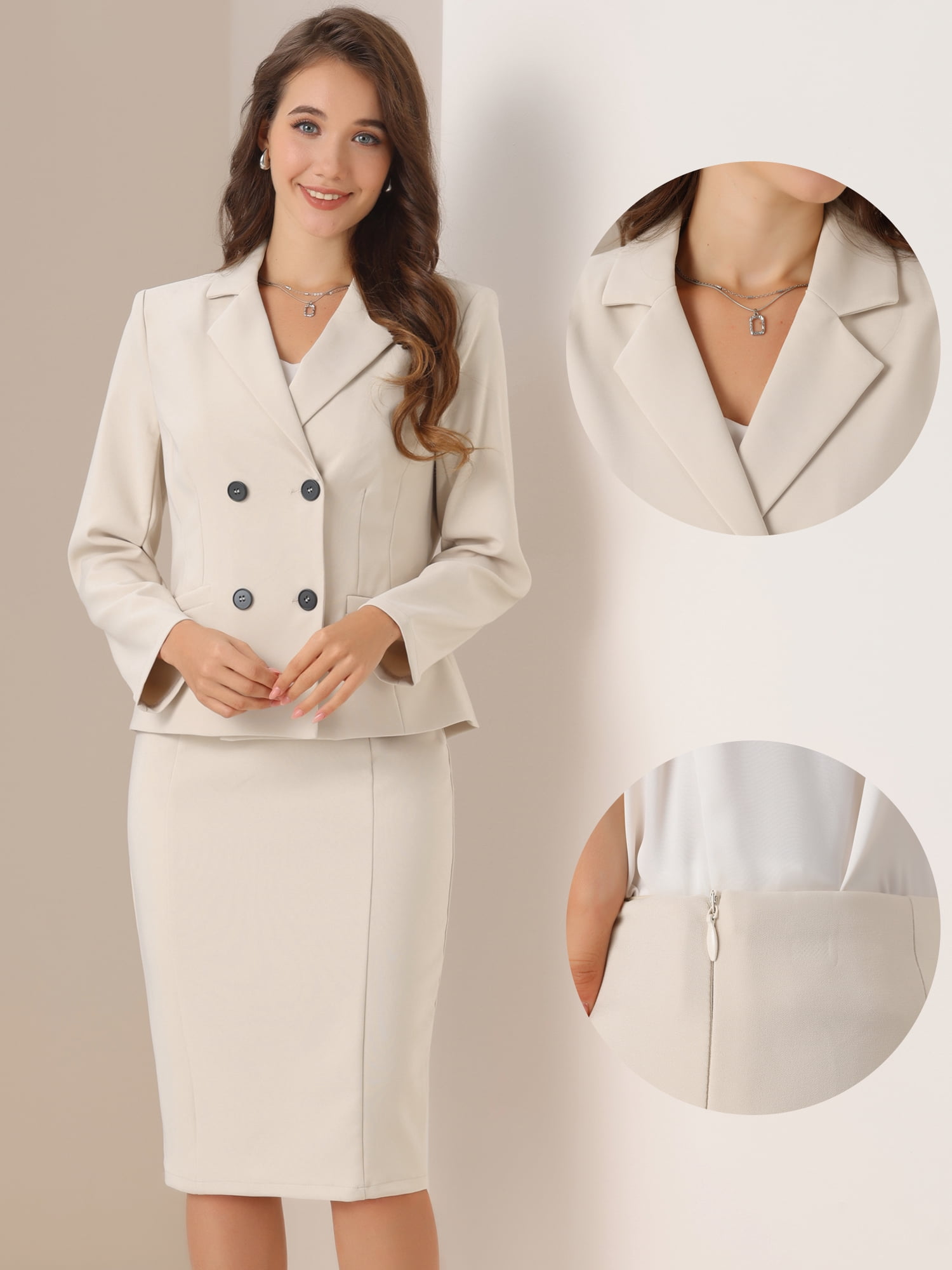 DARING DIVA 2Pcs Women's Long Sleeve Blazer Pencil Skirt Suit Set S Beige