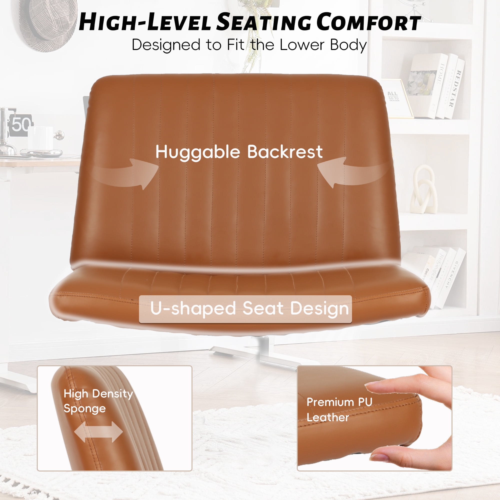 CL.HPAHKL Criss Cross Desk Chair, Height Adjustable Comfy Computer Task Chairs with Back No Wheels Armless Cross Legged Chair Modern Vanity Swivel Chair for Home Office Bedroom (1, Brown)