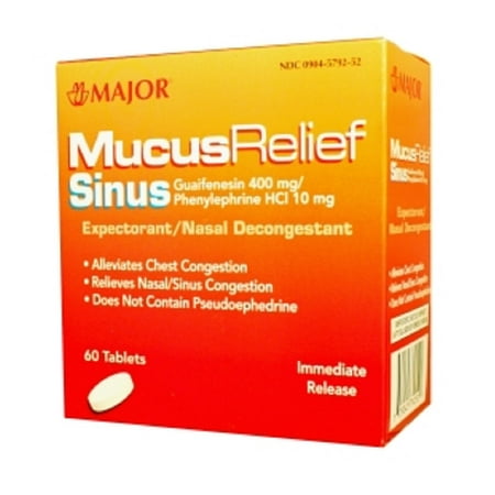 Mucus Relief Sinus - 157MJRX MAJOR MUCUS RELIEF SINUS W/PE GUAIFENESIN-400 MG White 60 CT UPC 309045792520 (PACK of 2)