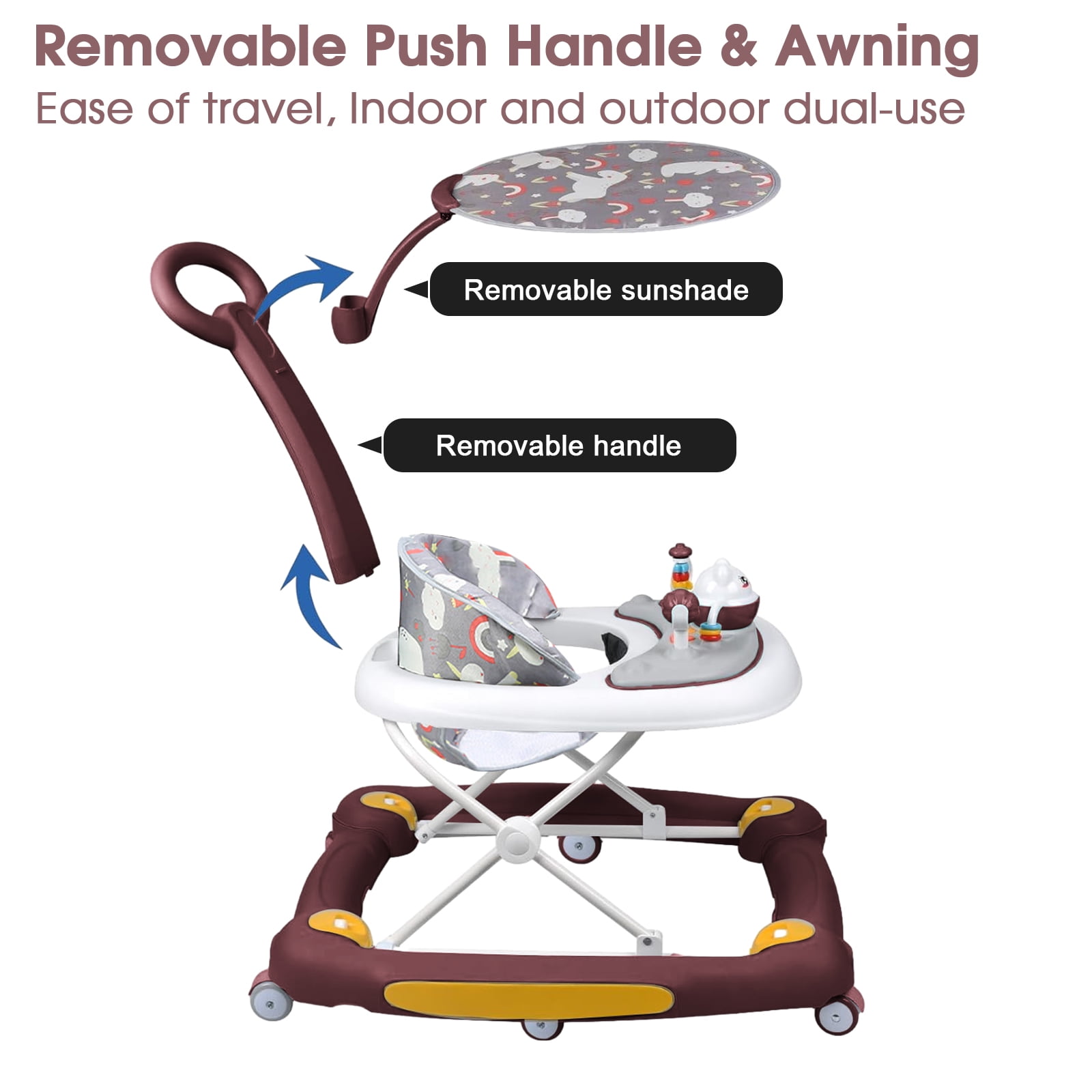 FACNOATIHN 6-in-1 Baby Walker, Foldable Push Walker with Musical Activity Station, 6-24 Months, Red