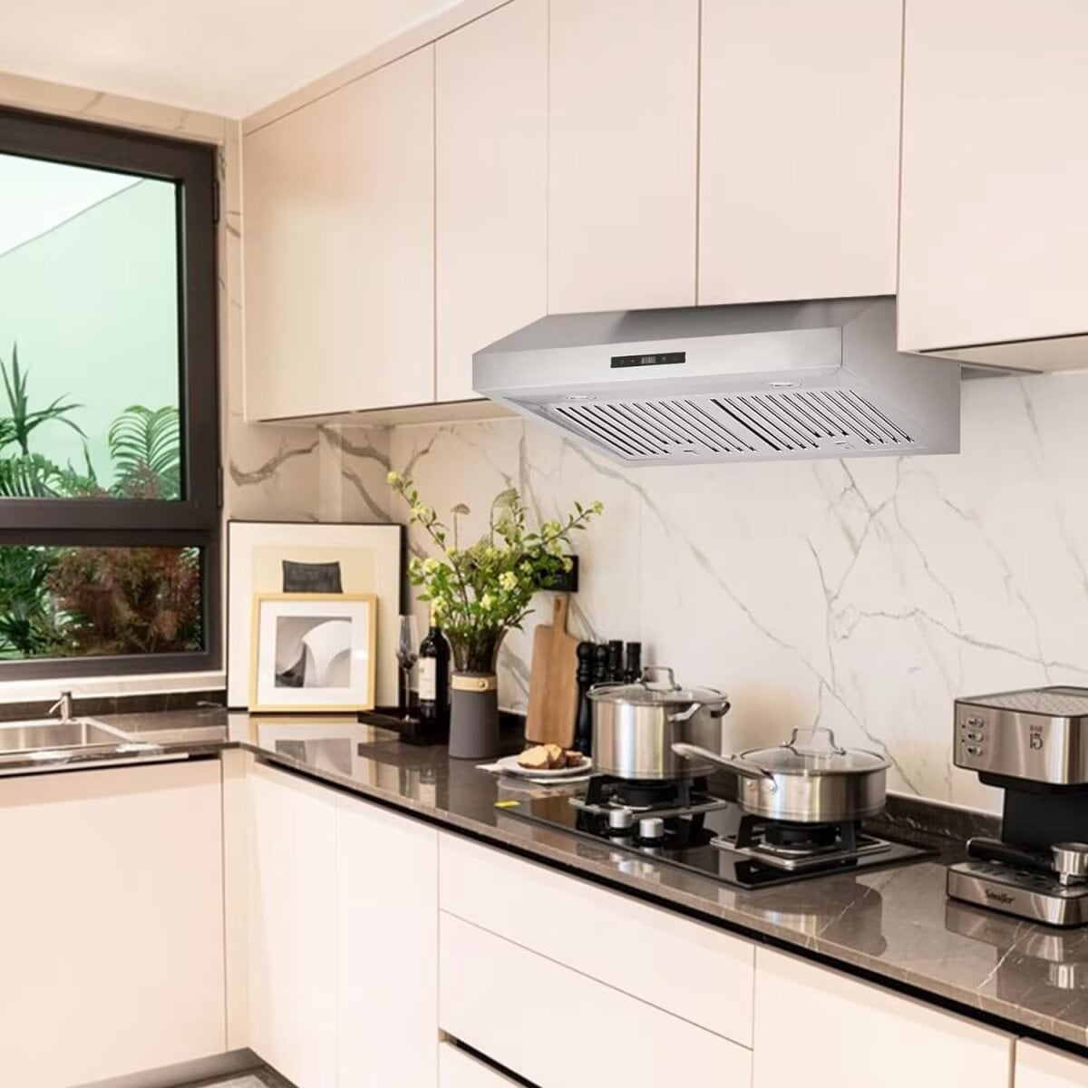 Range Hood 30 Inch, 400CFM Stainless Steel Kitchen Stove Vent Hood 3 Speed Exhaust Fan Touch, Wall Mount Range Hood with Ducted Ductless Convertible, Aluminum Filters