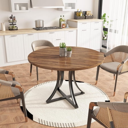 Round Dining Table for 2-6 People, 40 Inch Kitchen Table with Wooden Pedestal Base, Space-Saving Living Room Tables, Industrial Style for Home