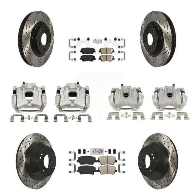 Transit Auto Front Rear Disc Brake Coated Caliper Drilled Slotted Rotors and Ceramic Pads Kit (10Pc) for Car 2014-2015 Kia Sorento Limited with 3.3L with Red Painted Calipers KCD-100679N