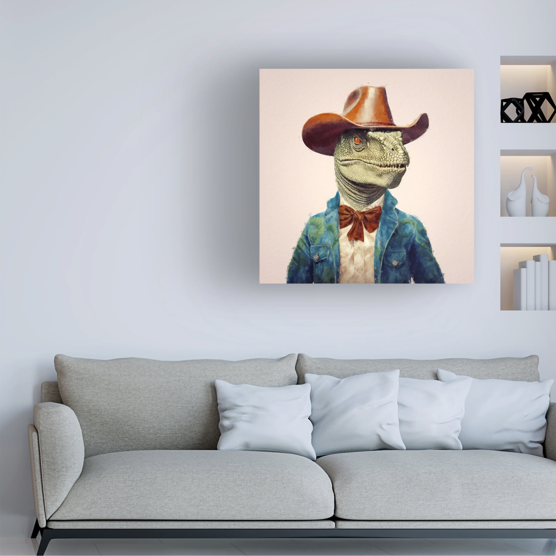 Canvas Wall Art - Sean Parnell 'Dino Cowboy 3' Wall Art for Living Room, Bedroom, or Office Décor by Trademark Fine Art - 24 x 24 Inches