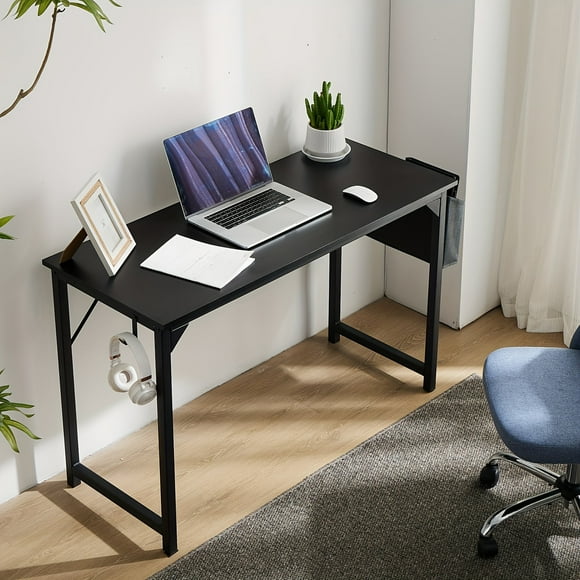 32 Inch Modern Simple Home Office Computer Desk - Compact Study Writing Table with Storage Bag, Headphone Hooks, and Ample Workspace - Perfect for Small Bedroom, Student, or Home Workspace