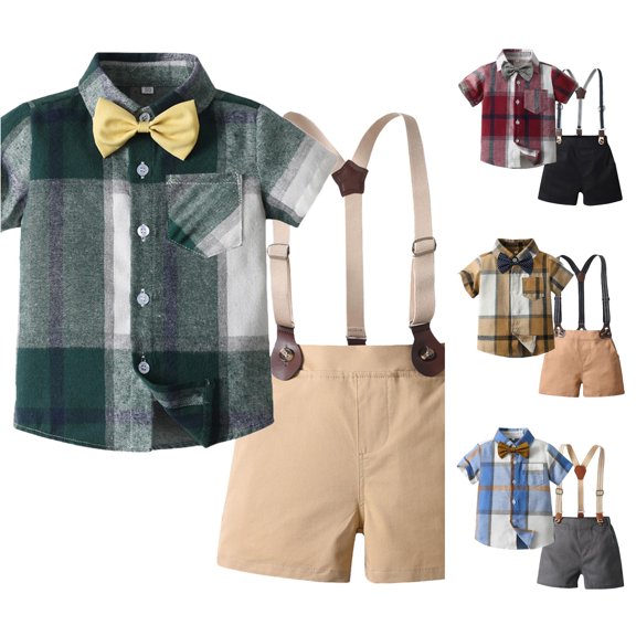 LIIPEE Casual Summer Outfit Sets For Boys Short Sleeve Plaid Graphic Shirts Solid Color Suspender Shorts 2 Piece Set Kids Comfortable Gentleman Outfits,3-4 Years