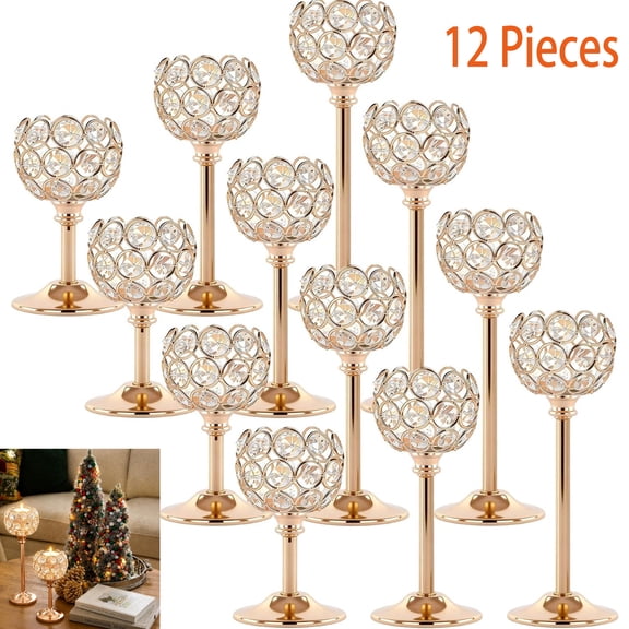 Set of 12 Gold Crystal Candle Holders, Tall Tealight Candlesticks, Elegant Table Centerpieces for Wedding, Dining Room, Party & Home Decor