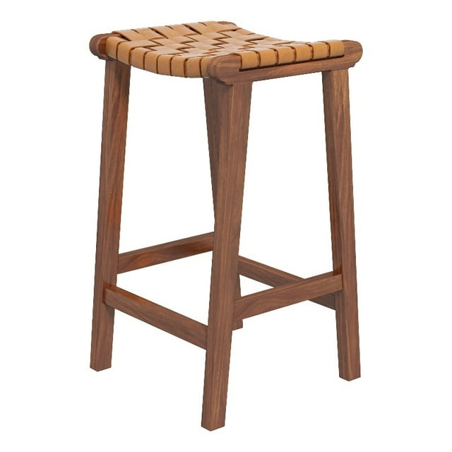 Pattaya Mid-Century Modern Tan Woven Brown Leather Bar Stool