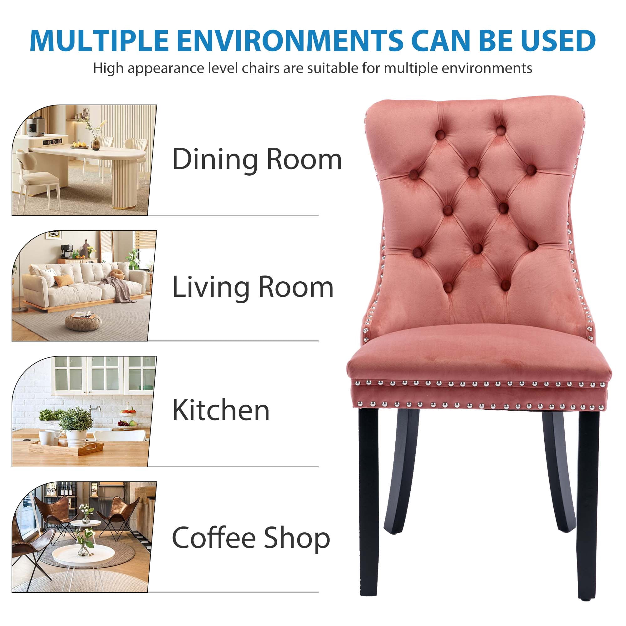 Aukfa High-End Upholstered Dining Chairs Set of 2, Modern Tufted Solid Wood Side Chair with Nailhead Trim - Pink