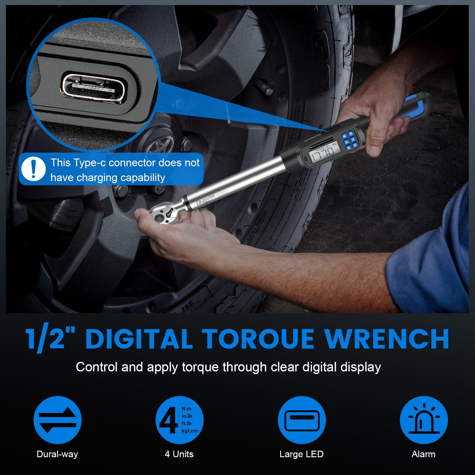 Digital Display Torque Wrench 1/2 inch 10-200NM with 5/16 inch,7/20 inch,3/8 inch,7/16 inch,16/32 inch Adapter
