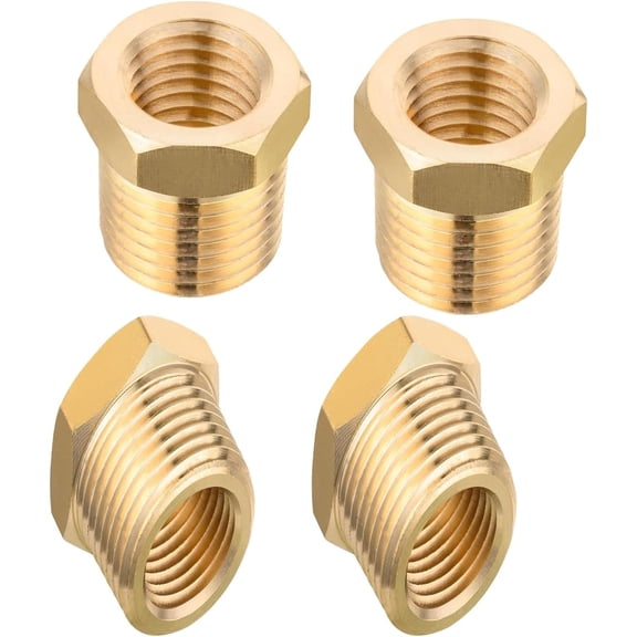 FRKSMD-Brass Reducer Hex Bushing1/2" NPT Male x 3/8" NPT Female Brass Threaded Pipe Fitting Adapter (Pack of 4)
