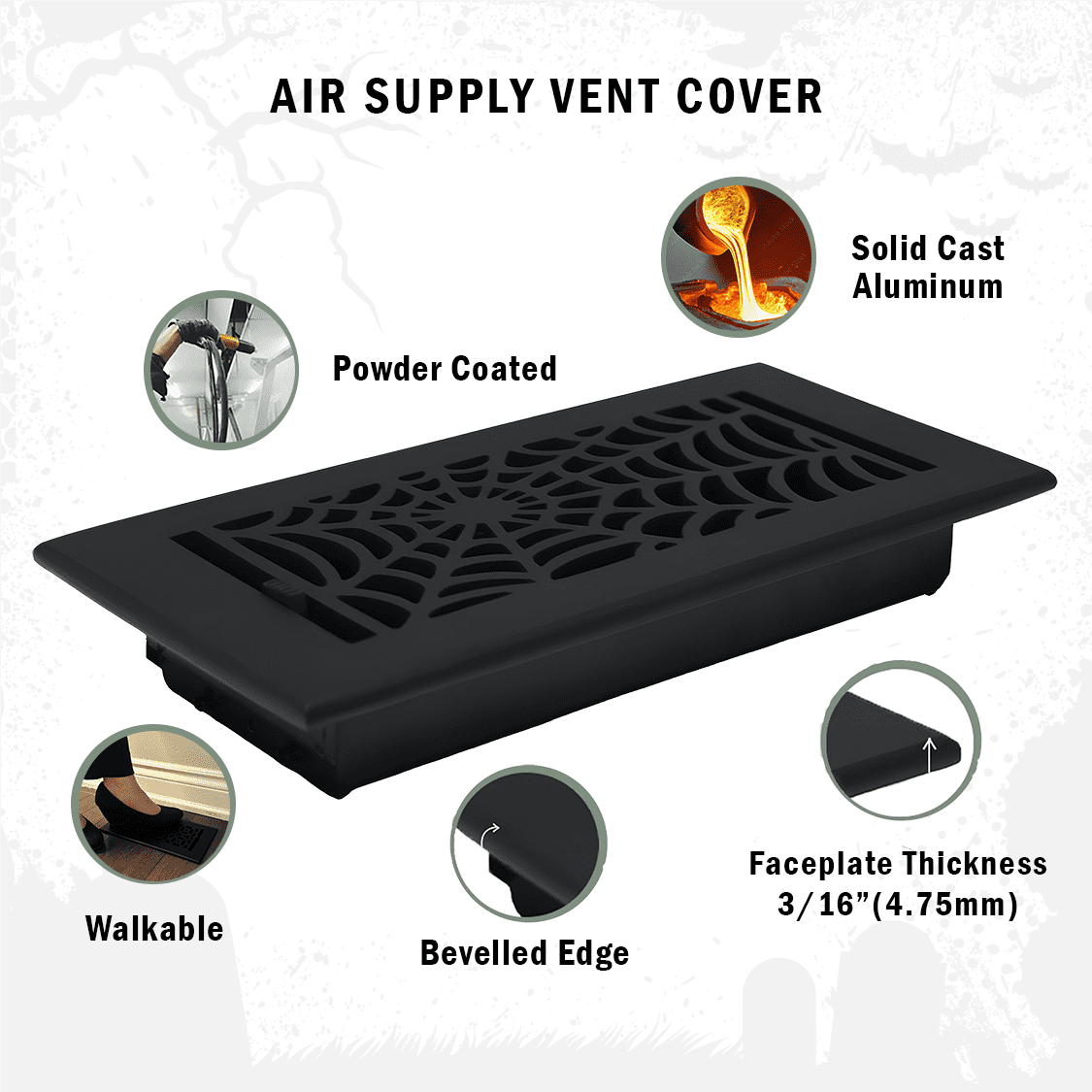 Spooky Gothic Vent cover 4"x 12" Duct Opening (Overall 5-1/2"x 13-3/4") Spider Web Design Solid Cast Aluminium Register