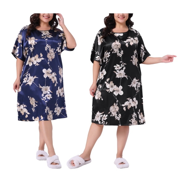 NOMADIC NOOK Women's Plus Size 2 Pieces Satin Nightgown Floral Print Round Neck Short Sleeve Lounge Midi Sleepwear 1X Navy Blue/Black