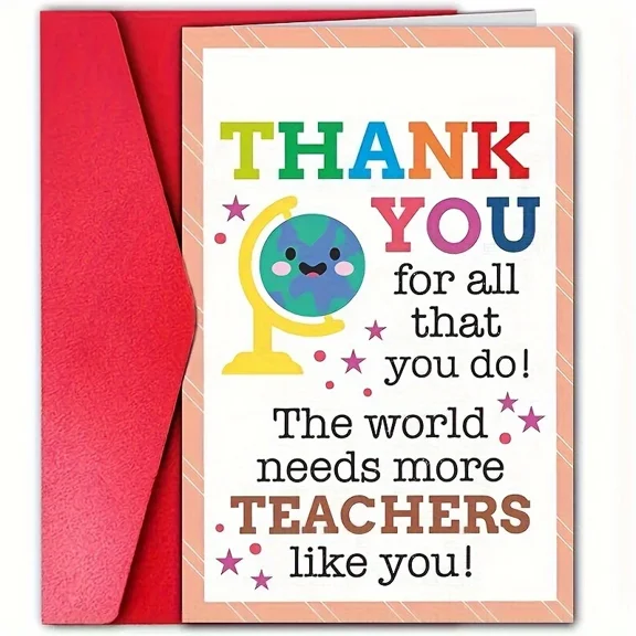 Thank You Teacher Card – Fun Globe Design with Bright Colors – Blank Inside for Personal Messages – Perfect Gift for Teacher Appreciation Day